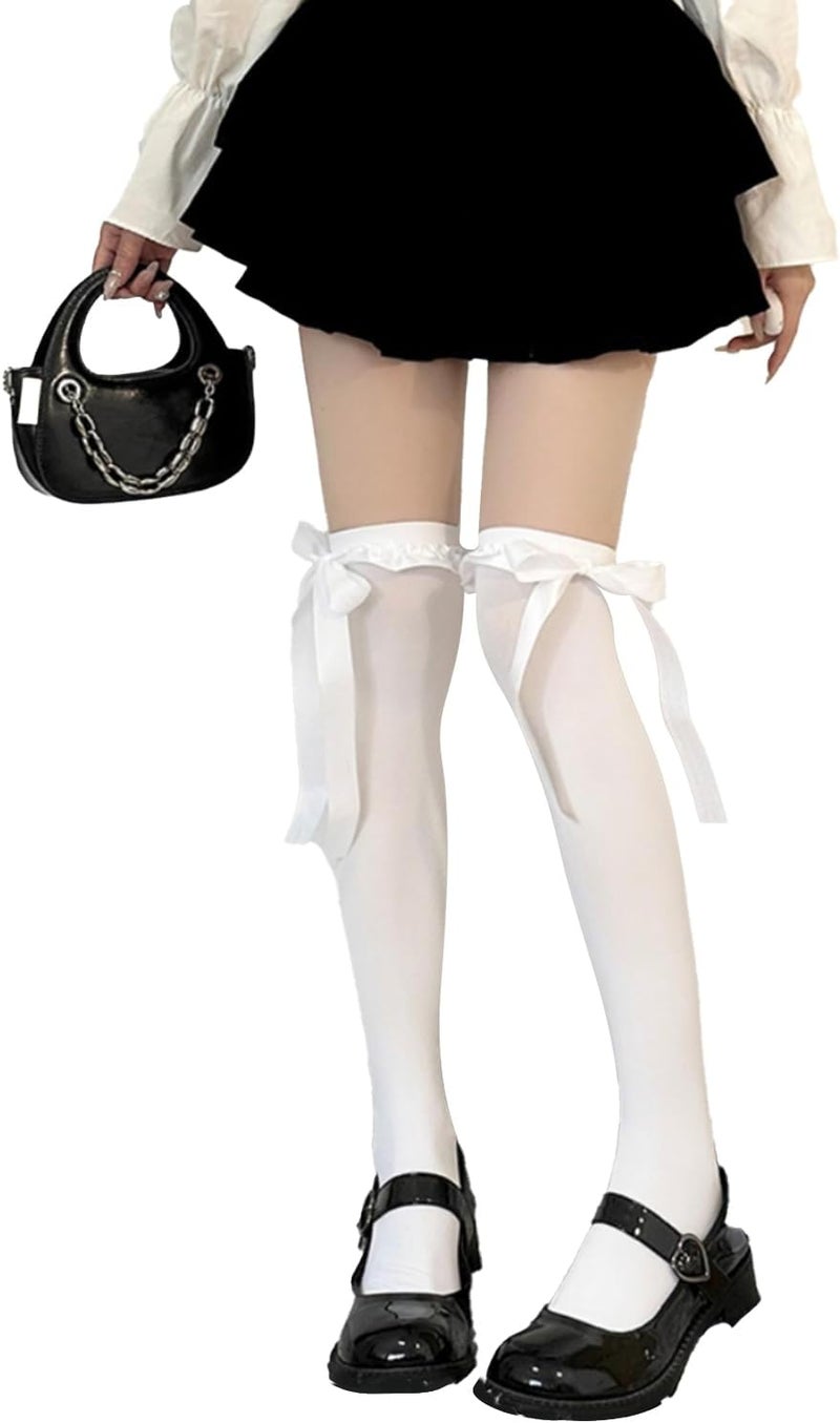 Ninejuize Thigh High Stockings with Bow, Santa Accessory Y2K Fishnet Socks with Lace Brim Lingerie Tights for Women - Image 4